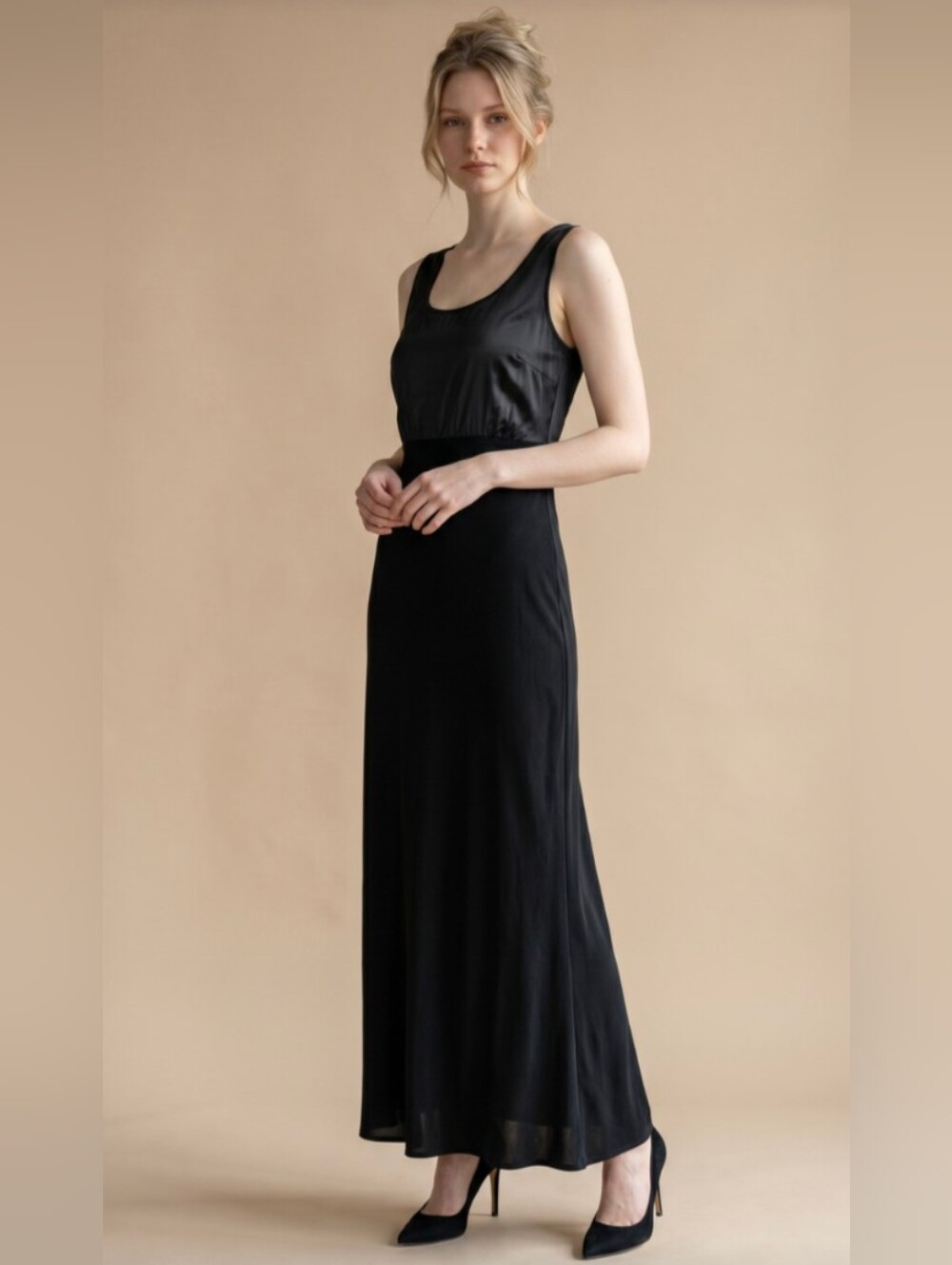 RONNI NICOLE! LUXURIOUS BLACK FULL LENGTH, SHEER TOP MAXI DRESS! DRAPEY! SZ 12